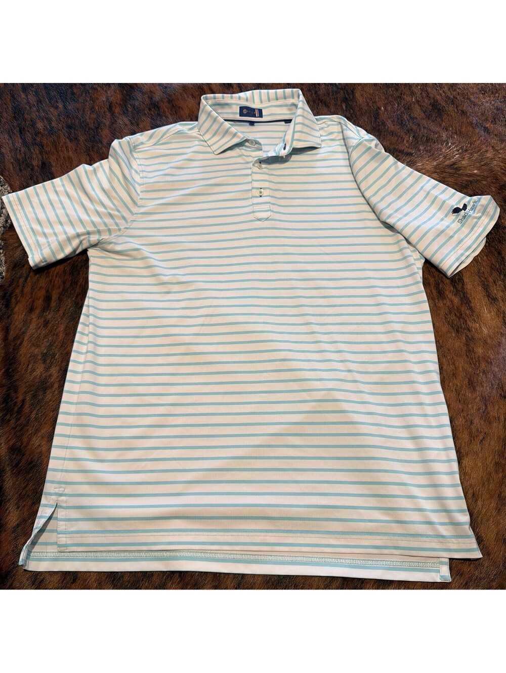 Stitch Golf Polo Shirt Teal Striped Shadow Hawk Embroid Mens Sz M/L Performance